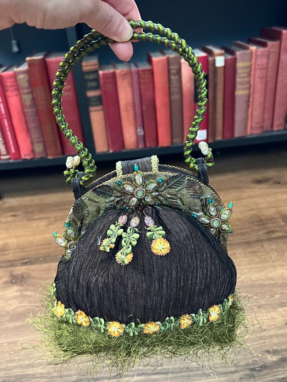 Mary Frances Vintage Beaded Handbag Green Brown Floral Embroidery & Fringe